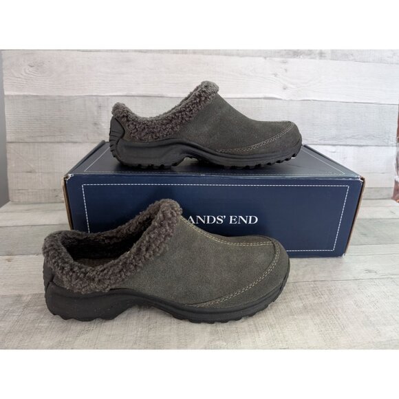 Lands End Chalet Clog 6.5M Dark Gray Suede Slip-On Shoes Faux Shearling Lining - Picture 1 of 6